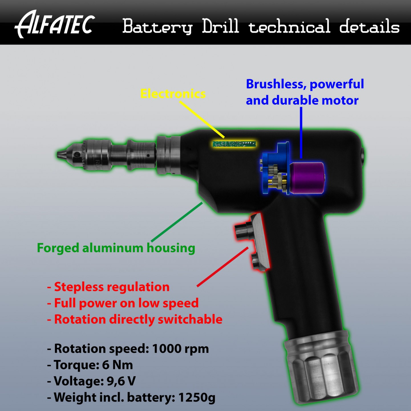 Battery Drill technical details from Alfatec Power Tools